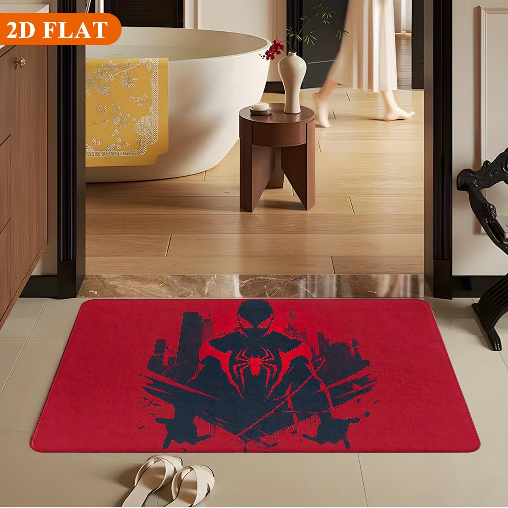 Bath Mat 1pc, Spiderman Shadow Red City, MARVEL Flannel Rectangular Mat, Bathroom Non-slip Entrance Mat, Fun Door Decoration M