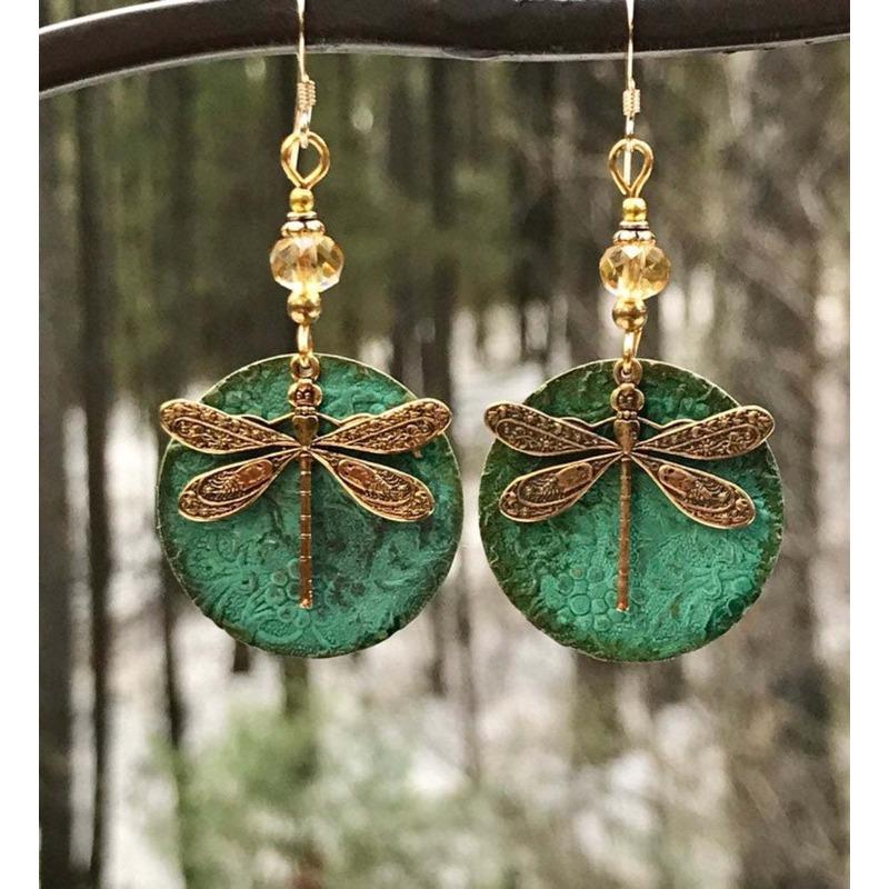 European and American Retro Bronze with Green Dragonfly Ethnic Style Simple Earrings