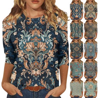 Kadın Modası Günlük Yedi Kollu Vintage Baskılı Yuvarlak Yaka Tişört Üst