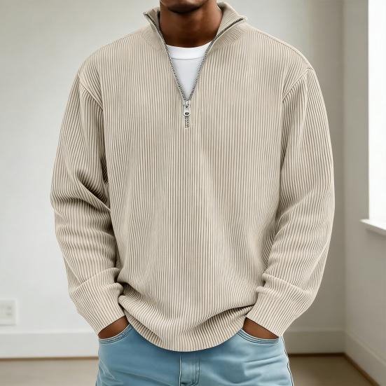 Men Quarter Zip Sweatshirt Long Solid Color Ribbed Sleeve Stand Collar Top Casual Loose Pullover Shirt