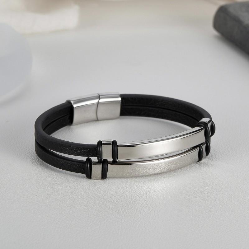 Simple Stylish Smooth Wristband With Engraved Letters Made Of Stainless Steel Double-layer Woven Leather Bracelet