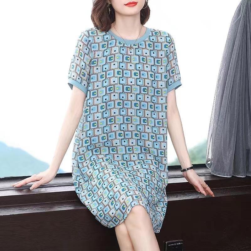 Ice Silk Short-sleeved Dress Women's Summer New Women's Plus-size Mid-length Fat Mm Slimming Flesh Skirt