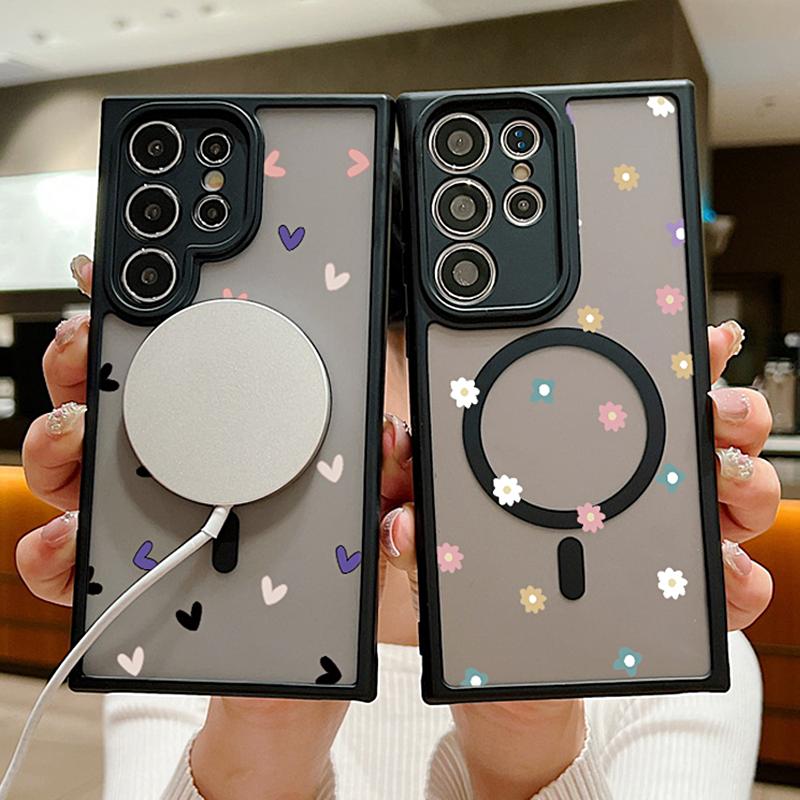 For Samsung Galaxy S24 S23 S22 Ultra S24 Plus S23 FE Flowers Case Magnetic For Magsafe Wireless Charging Clear Matte Phone Cover