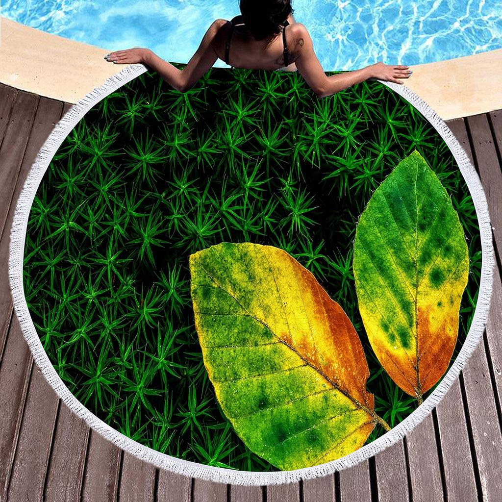 Green Yellow Leaves Print Round Beach Towel,Microfiber Circle Beach Towels Sand Free Quick Dry Picnic Yoga Mat Circle Tablecloth