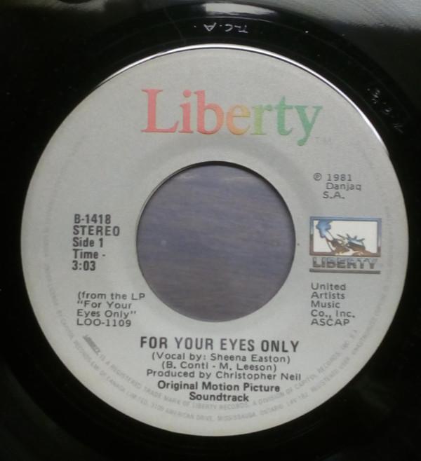 

7inch Record SHEENA EASTON - For Your Eyes Only B1418 Liberty 1981 Canada Pop Used