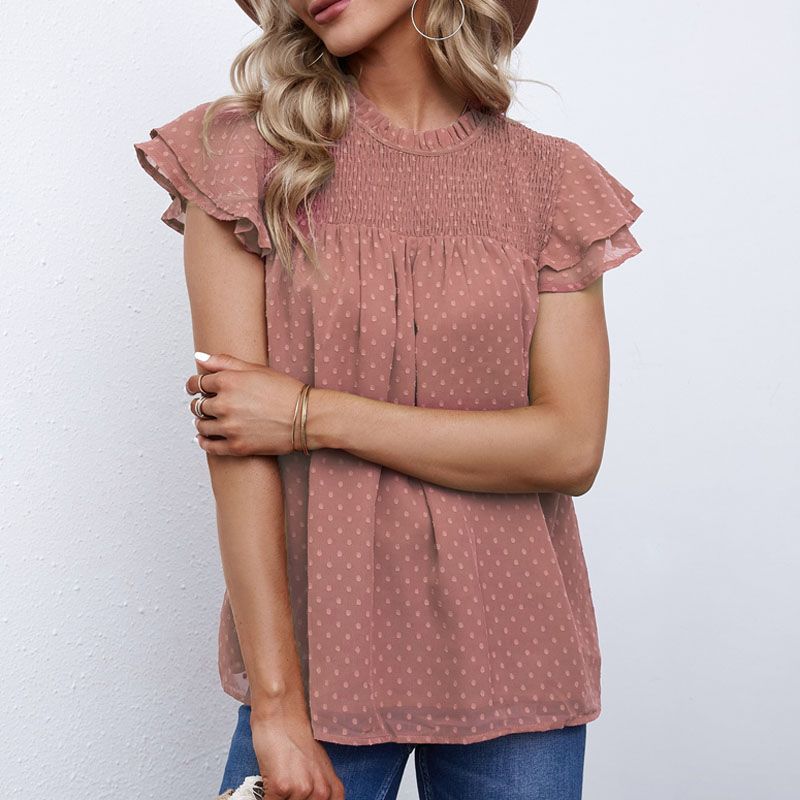 

American Shiying Thin Mesh Breathable Short sleeve Top Women 2025 Summer New Versatile Polka Dot Chiffon Shirt Red S(Large size 1 (45.00 kg-55.00 kg)