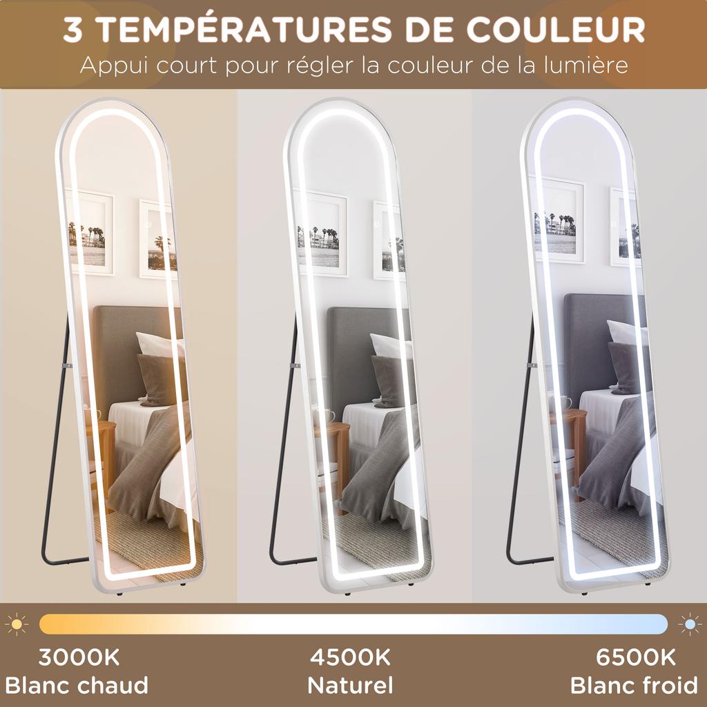 Full-Length LED Arched Mirror, 3 Colors, Memory Function, 150 x 40 cm, Silver