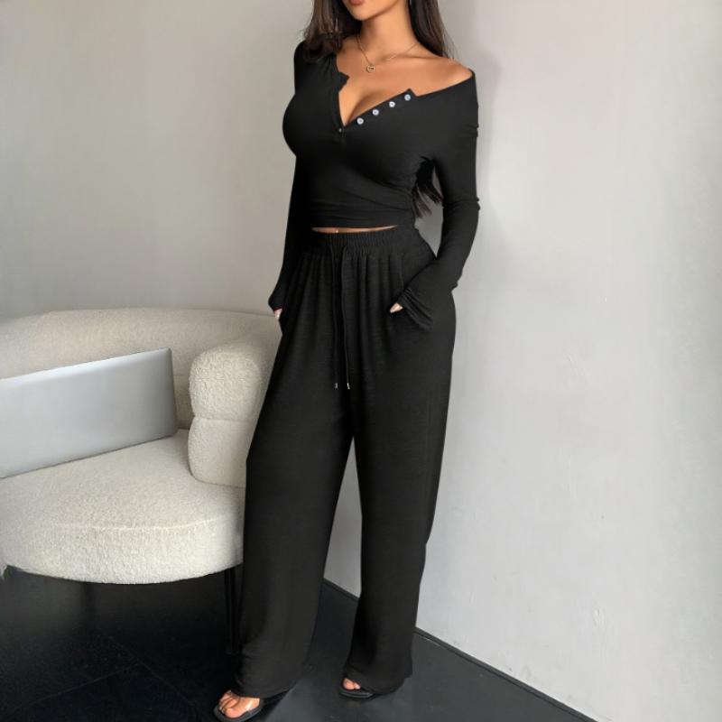 Spring and Autumn Suit Long-sleeved One-button Solid Color Tight-fitting Blouse and Long Pants Two-piece Women