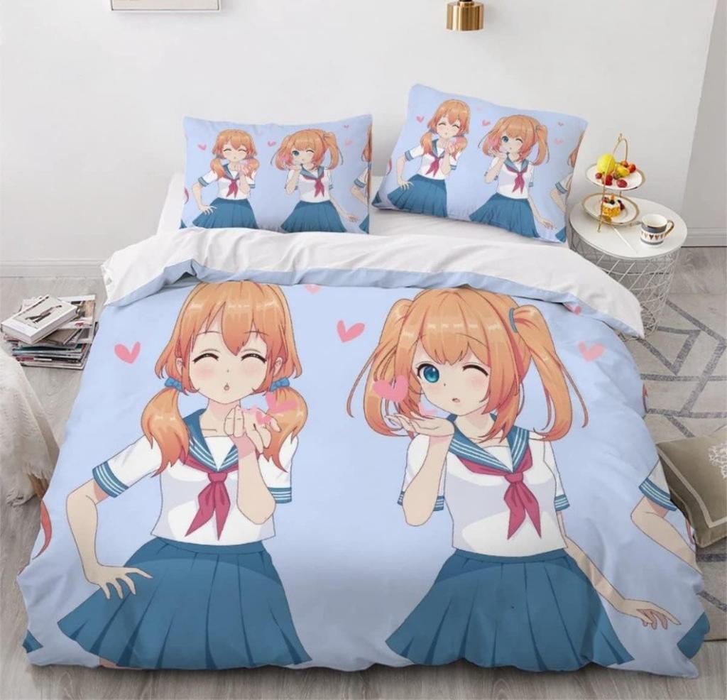 Anime Girl Cartoon Bed Linen Set 3-Piece 3D Print Anime Duvet Cover with Zip Microfibre Teenager Duvet Covers with 2 Pillowcases