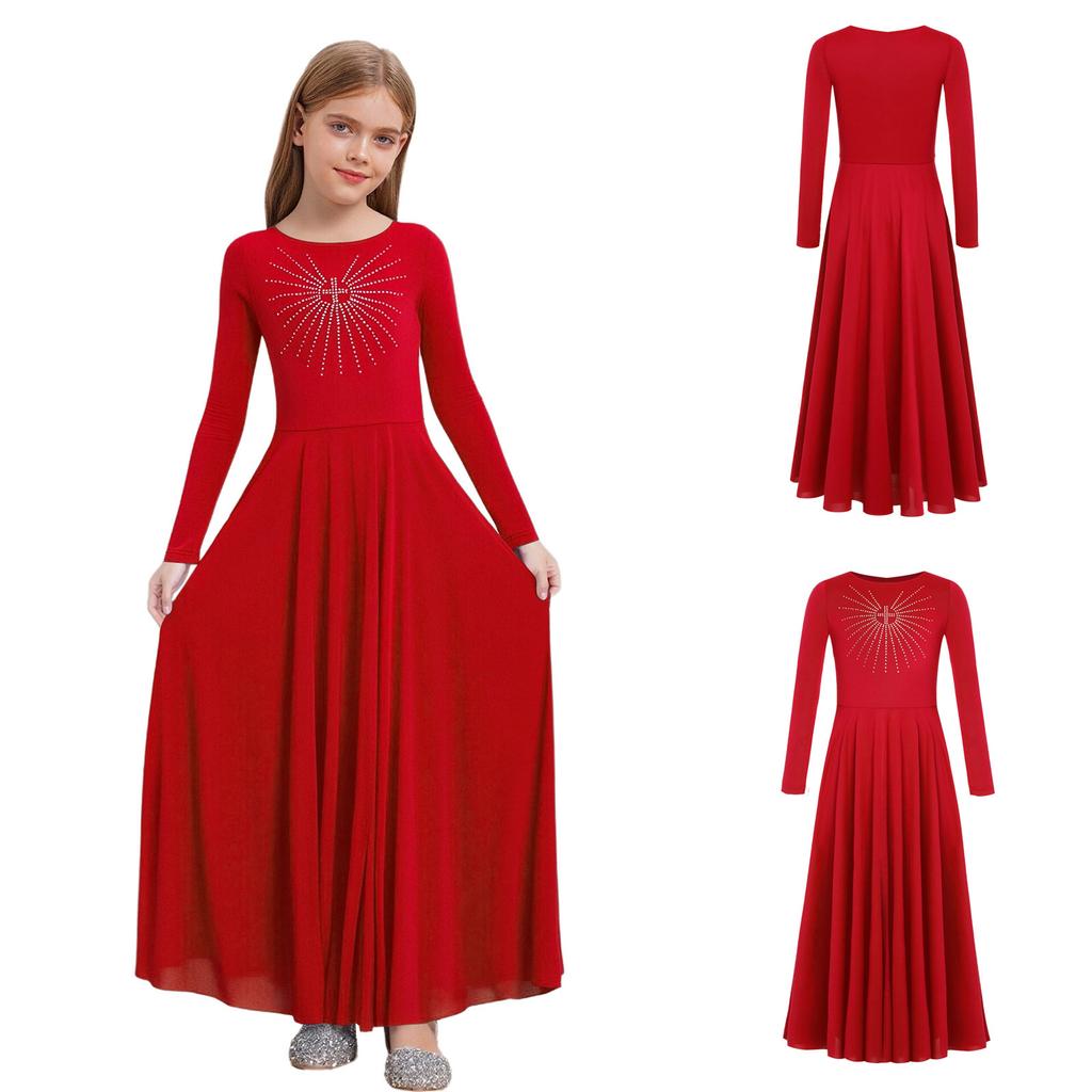 Glittery Rhinestone Church Choir Dress for Girls: Round Neck Long Sleeve A-line Maxi for Liturgical Worship Dance