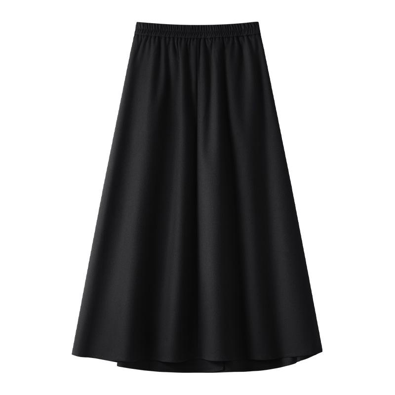 Women's Gray Pleated A-Line Midi Skirt - 2024 Fall/Winter, Elastic Waist, Slimming Fit