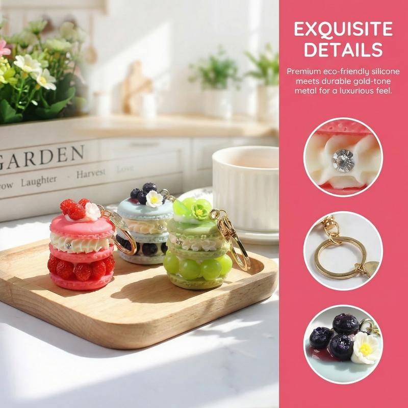Fruit Macaron Cake Keychain Realistic Dessert Pendant Cute Fun Bag Accessories for Girls Key Ring Holder School Bag Charm