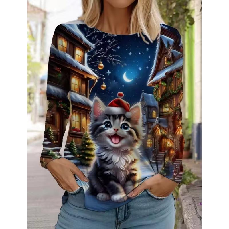 Christmas Women's Long Sleeved T-shirt Casual Holiday Fashion Christmas Cute Cat Holiday Gifts Tops Harajuku Women's Clothing