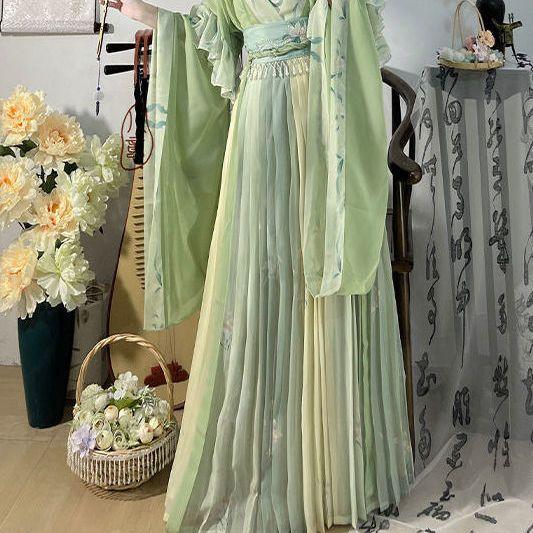 Chinese Wei And Jin Dynasties Style Hanfu Female Fairy Embroidery Full Set With Waist-length Sleeves