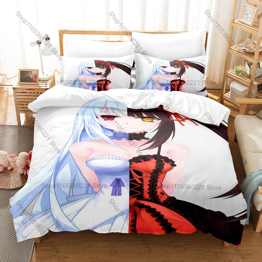 Cool Date A Live Kurumi Tokisaki Black Gothic Dress Spirit Form Bedding Set Duvet Cover + 2 Pillowcases Otaku Room Decor