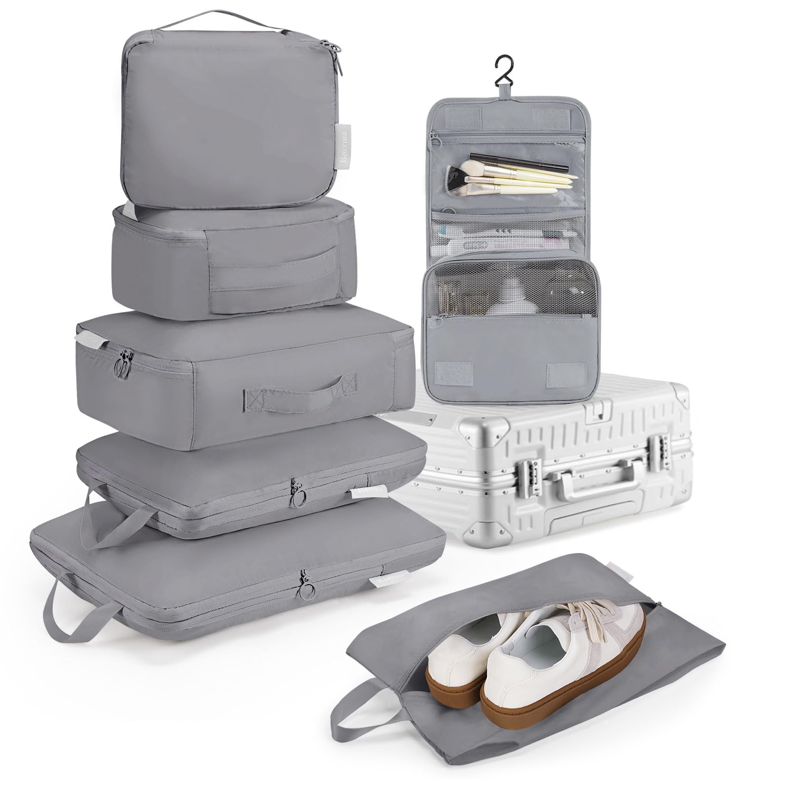 

Travel Compression Pouch Travel Packing Save Compression Suitcase Durable Zipper Convenient for Business Trips and Gray 7-Piece Set, Pouches, Pouches, сірий колір