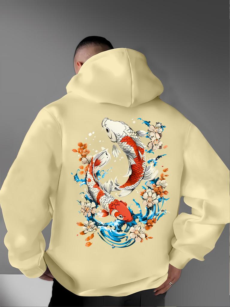 Ukiyo-e Style Auspicious Twin Koi Floral Wave Back Pattern Men Hip Hop Sports Hoodie Long Sleeve Loose Athletic Pullover