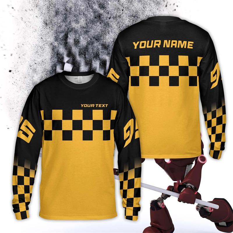 Personalized Color Checkered Motocross Long Sleeve Shirt Custom Rider Name Dirt Bike 3D Printed T Shirts Loose