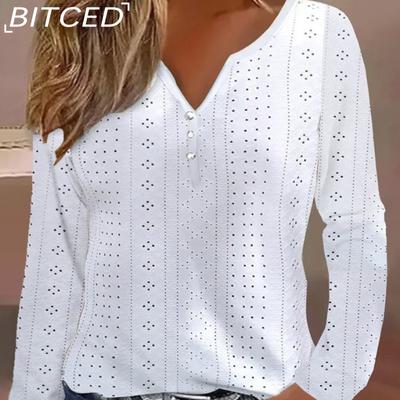 Women Autumn Long Sleeve V-Neck Hollow Out Solid Colour Splicing Shirt Women