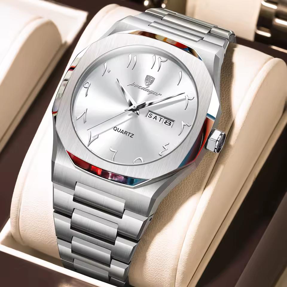 POEDAGAR Watch for Men Waterproof Luxury Week Calendar Wristwatch Quartz Stainless Steel Fashion Watches Male