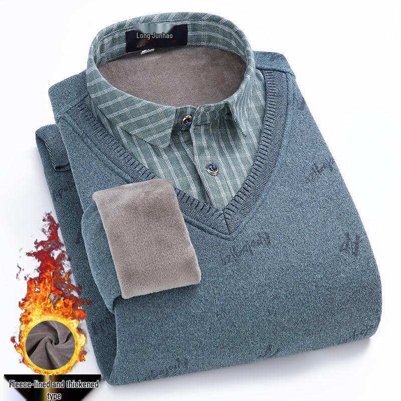 Men's Loose Knit Sweater with Faux Two-Piece Shirt Collar, Fleece-Lined, Thick Warm Winter Stand-Up Collar Top