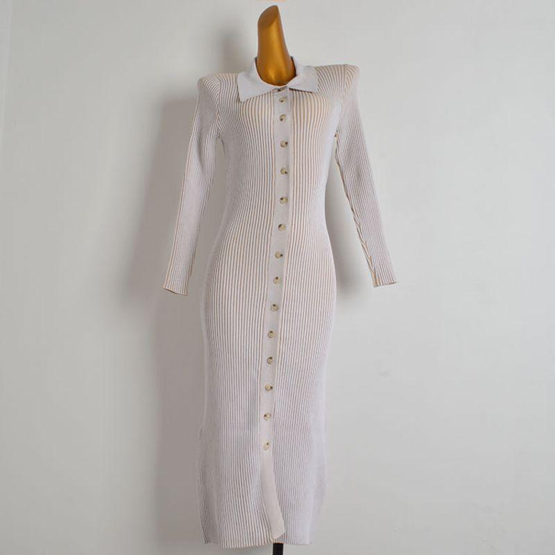 Foreign Trade Original Order Fashion Style Sexy Single-Breasted Lapel Thread Knitting Dress Women's Clothing Silm Slit Bodycon Dress