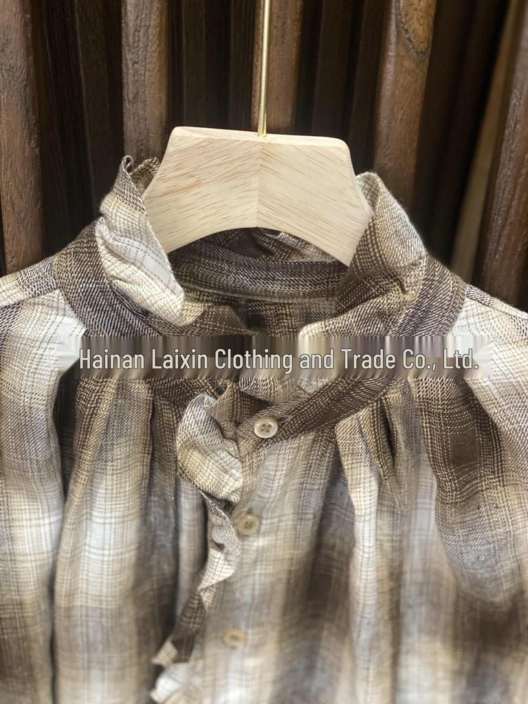 Women's Japanese-Style Coffee Plaid Lace Single-Breasted Shirt - A Little Blue