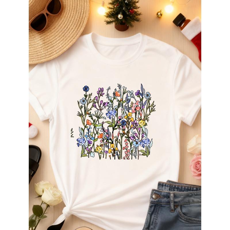 Womens Polyester Floral Garden Print Tee Crew Neck Short Sleeve Gray White Black 3 Colors Casual Commute Outdoor Daily Home Campus Holiday Family Wear