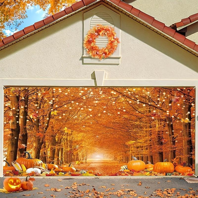 Large Autumn Garage Door Banner - Maple Leaves and Pumpkins  Witch Style Outdoor Decor  Holiday Wall Display