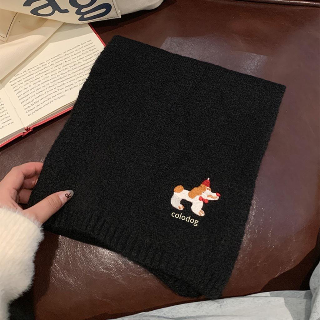 Cute Puppy Embroidered Scarf for Women Girls Autumn Winter Korean Style Warm Versatile College Style Couple Knitted Shawl Scarf