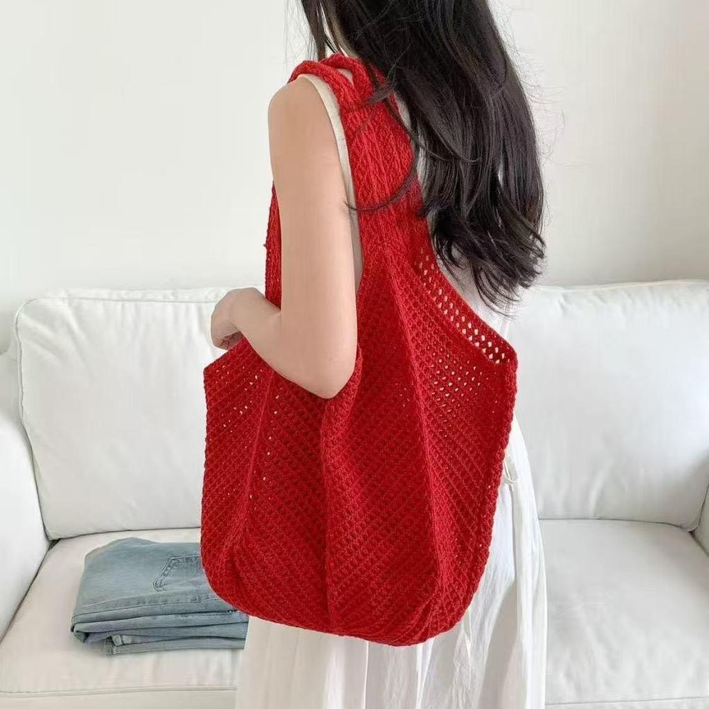 Red Romantic Knitted Shoulder Bag - Retro Mesh Hollow-Out Handbag