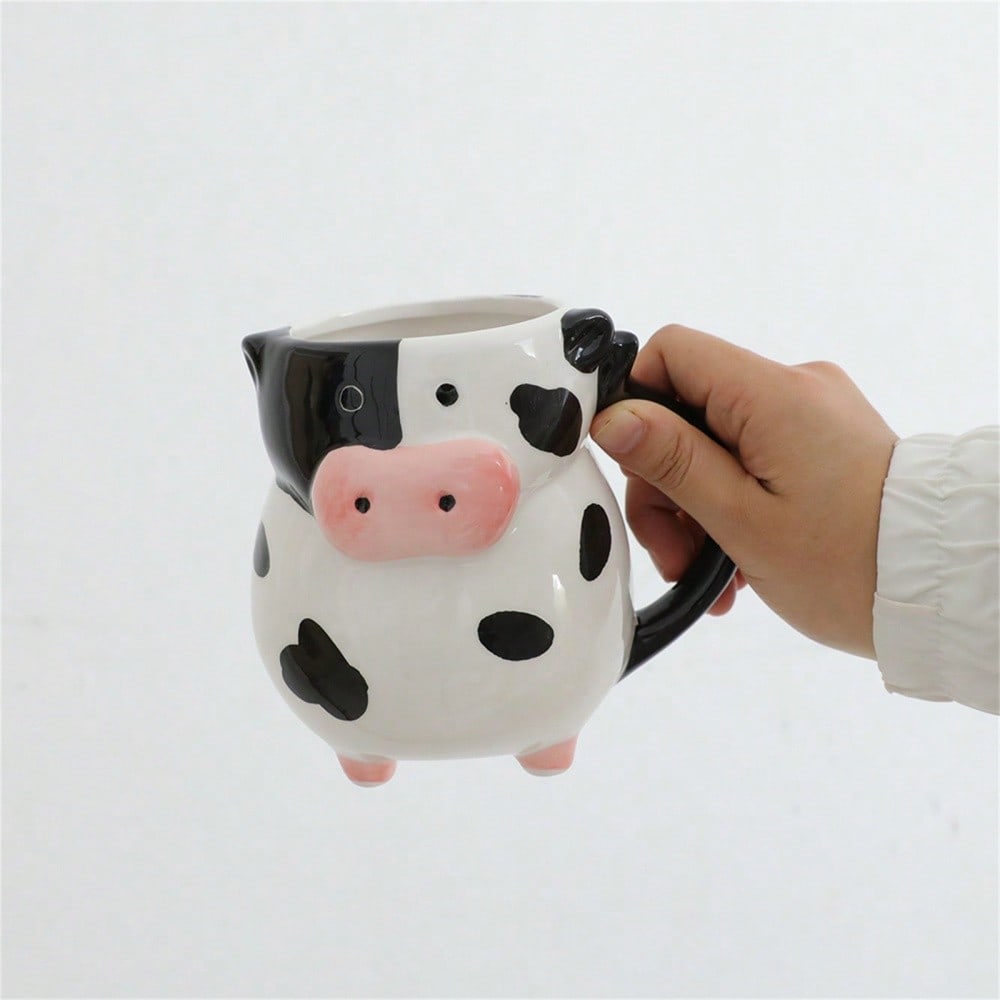 1pc Cute Cow Ceramic Mug, Handmade Large Capacity Milk Cup, Animal Themed Juice Cup, Birthday, Christmas, Valentine's Day Gift Back To School