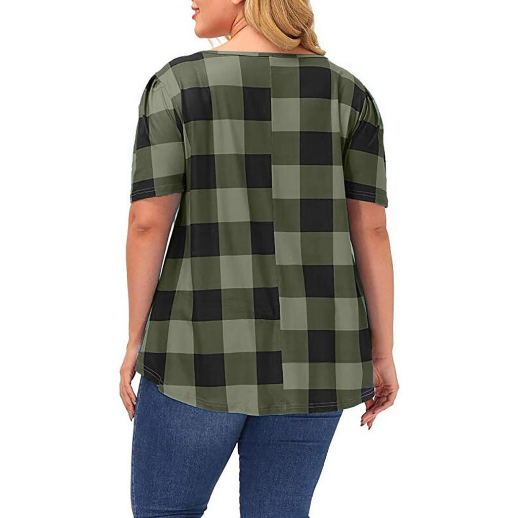 Summer Women's Short Sleeve Blouse Round Neck Loose Plaid Printed Shirt Top