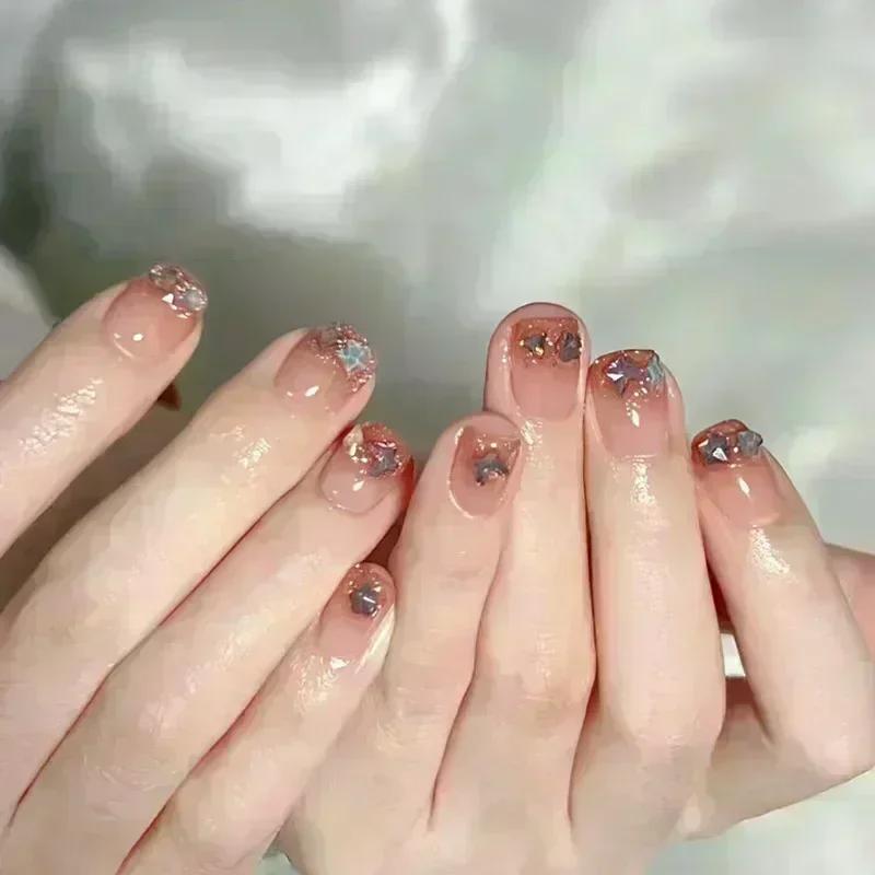 24 Stück Niedliche Girly Kurze Quadratische Falsche Nägel Süße Weiße Französische Nägel Glitzer Stern Strasssteine Nagelkunst Katzenauge Schleife Press-On Nägel