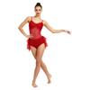 Women Latin Rumba Dance Leotard with Fuzzy Feather Skirt Glitter Rhinestones Sheer Mesh Sling Bodysuit for Tango Cha Cha Stage Performance