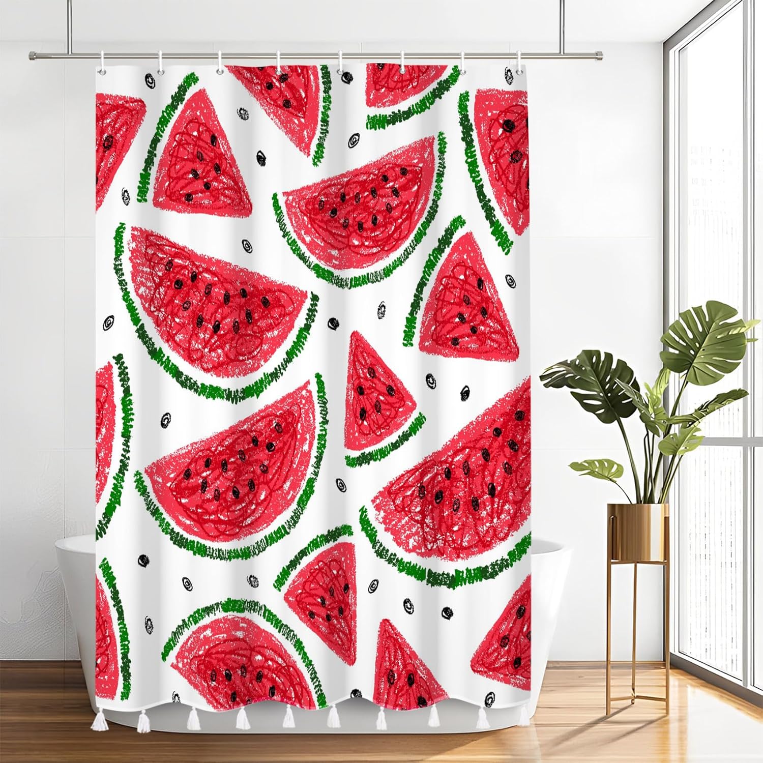 

Watermelon Pattern Printed Shower Curtain with White Tassel Cartoon Red Watermelon Summer Theme Shower Curtains for Bathroom 90x180CM