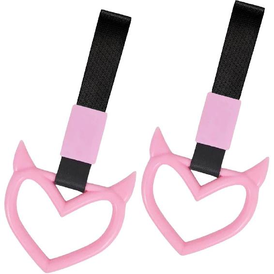 2 Pieces Rear Bumper Warning Ring Car Mirror Hanging Ornament, Red Heart Shaped Handle Ring Subway Bus Handle Straps for Car Interior Exterior