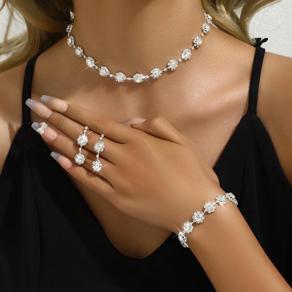 4PC Fashion Simple Copper Inlaid Rhinestone Claw Chain Necklace Earrings Bracelet Zircon Set Women's Wedding Decoration-5273