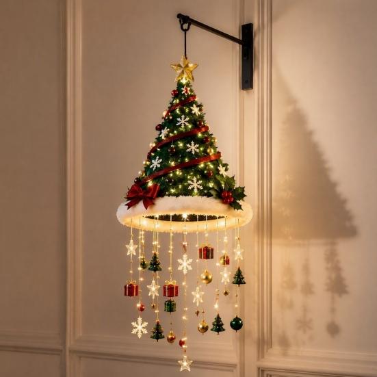 Upside Down Christmas Tree Hanging Ornament with LED Lights, Lighted Pendant Star Topper, Luminous Indoor Patio Ornaments Xmas Festive for And Outdoor