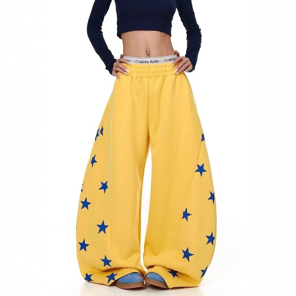 Korean retro contrasting color star printing scimitar sweatpants women's spring and autumn new jazz dance loose wide-leg long pants tide