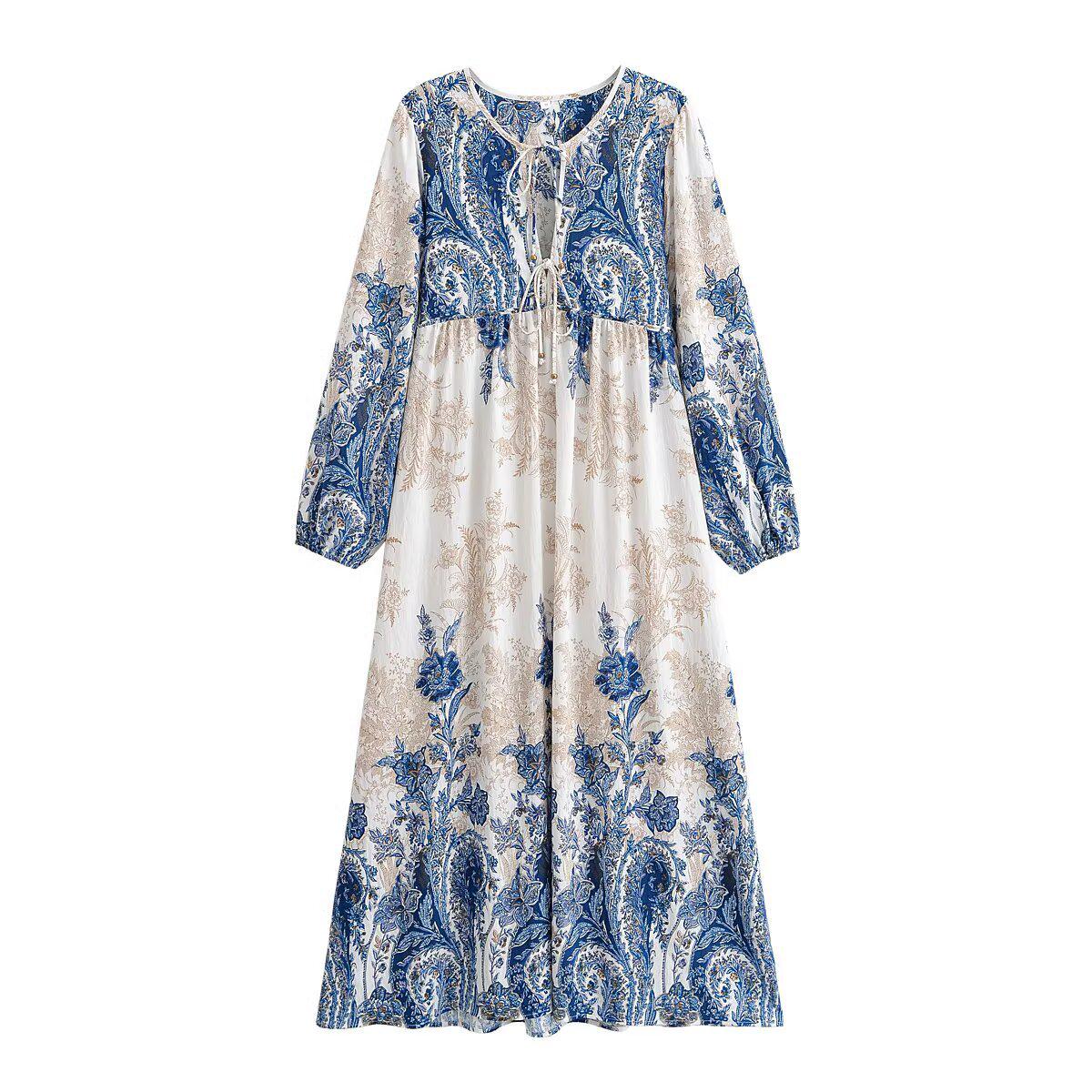 Bohemian Ethnic Beach Dress: 2026 Spring Casual Loose-Fit Printed Dress M синий