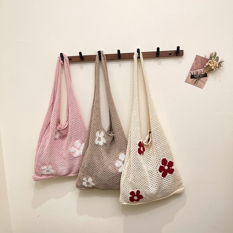 Lazy wind hollow knitted flower shoulder bag handbag large capacity shopping bag armpit bag
