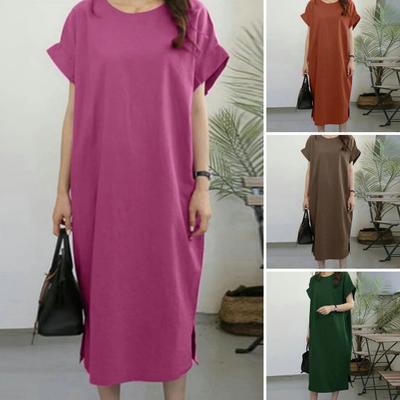 Γυναικείο καλοκαιρινό φόρεμα Κοντό μανίκι O λαιμό Φαρδύ ίσιο πλαϊνό σπαστό στρίφωμα Μαλακό αναπνεύσιμο συν μέγεθος Casual Μήκος στη γάμπα Μήκος φόρεμα ταξιδιού