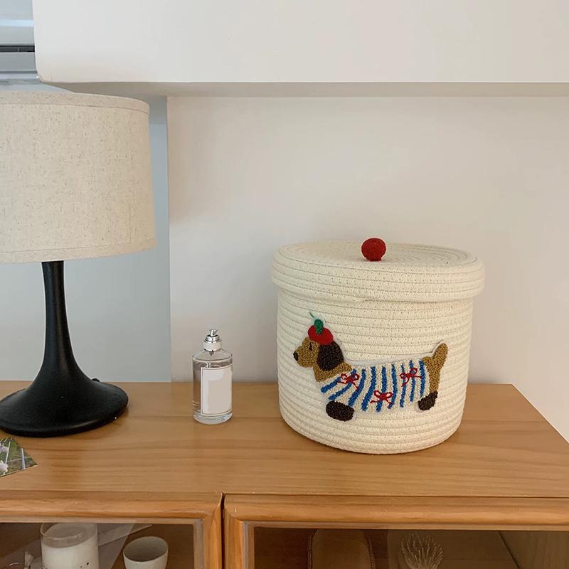 Cute Puppy Storage Basket Woven Cotton Rope Frame Large Capacity With Lid Dustproof Storage Bucket Desktop Dustproof