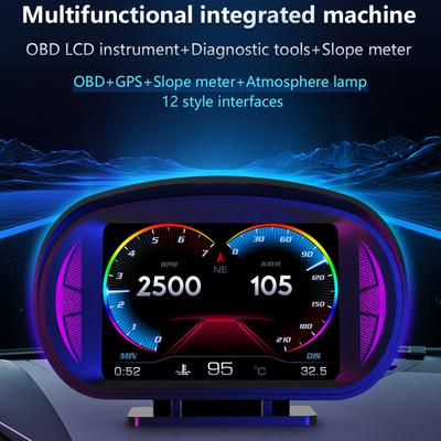 Bil Head Up Display Multifunktions OBD GPS Slope Meter Atmosphere Lamp Full LCD Smart Gauge med 12