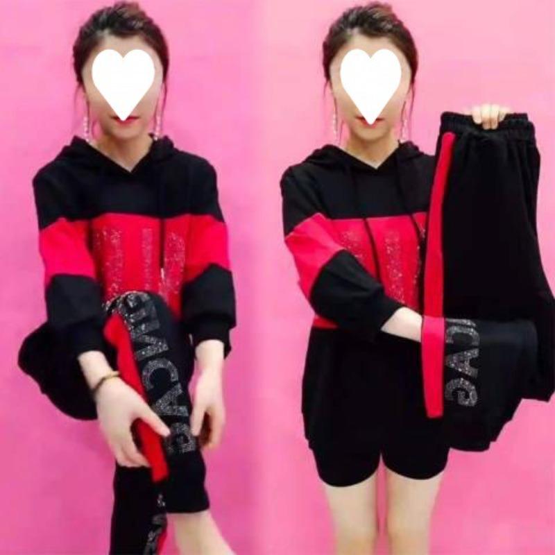 Módní mikina s kapucí a horkými kamínky Dvoudílná sada pro ženy Raný podzim Volný zeštíhlující Ležérní sportovní oblečení