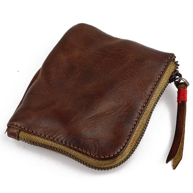 Layered Vegetable Tanned Leather Coin Purse Handmade Vintage Style Zipper Simple Mini Coin Bag