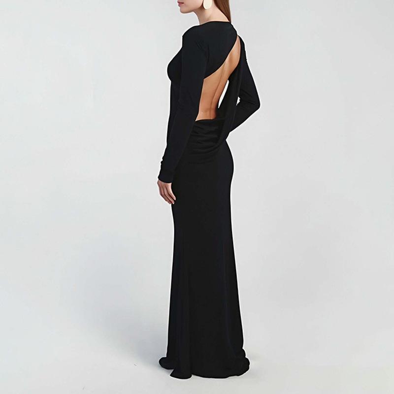 Women's Fall Long Sleeves Boat Neck Bodycon Maxi Dress Open Back Formal Dress Elegant Backless Evening Gown Party Long Dresses for Women