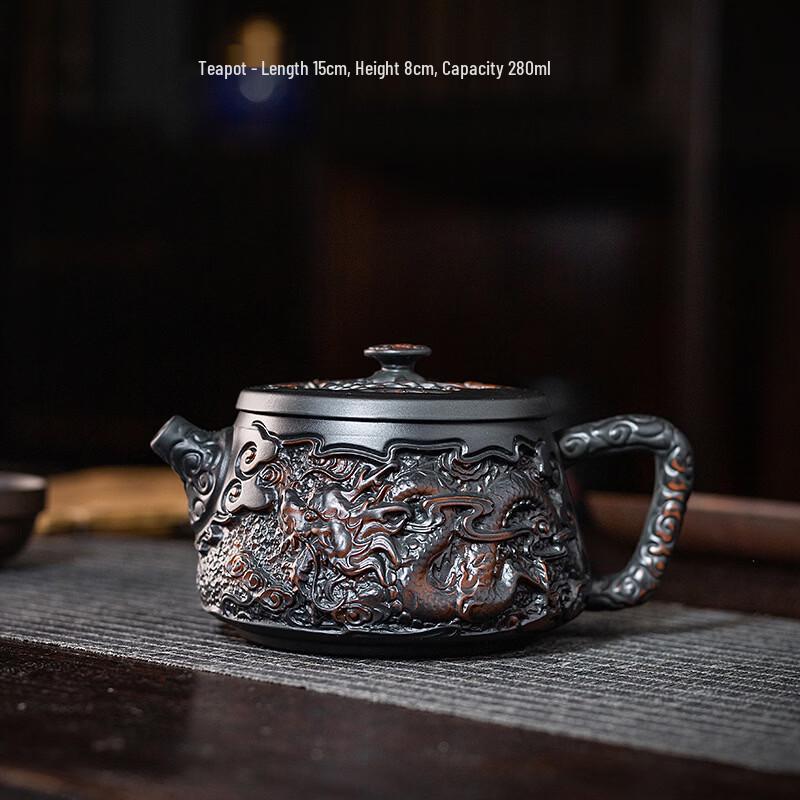 Handmade Retro Dragon Phoenix Purple Clay Teapot