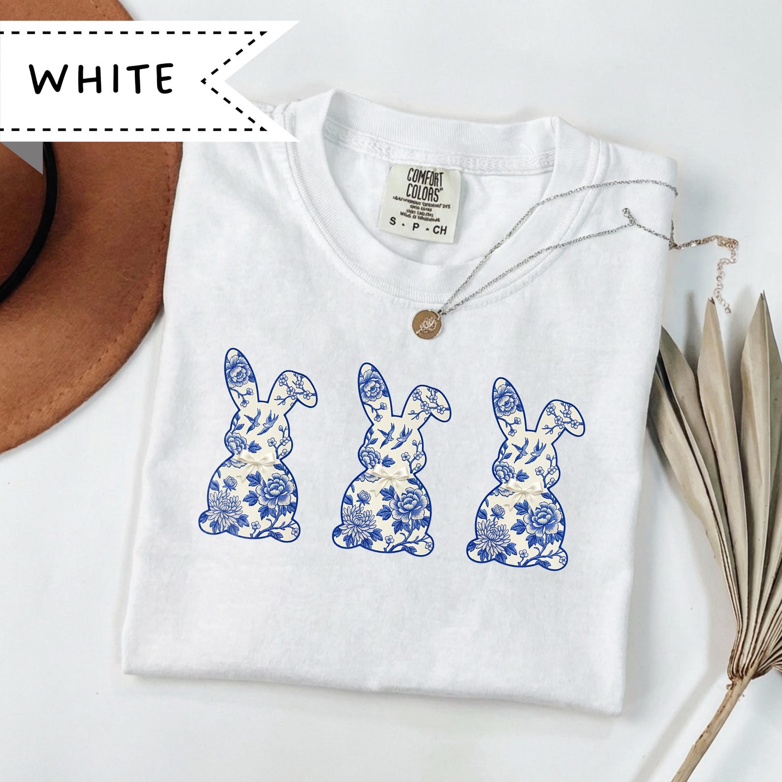 Blue Floral Print Bow Easter Bunny Comfort Colors, Easter Bunny, Happy Easter Day T-Shirt, Easter Gift, Trendy Faith Outfit TWJ L